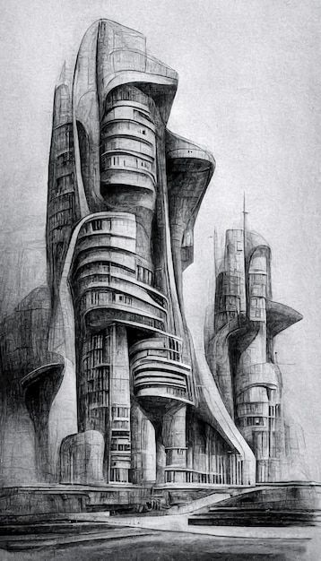 Modern Buildings Drawing, Futuristic Architecture Drawing, Futuristic Architecture Buildings, Futuristic World Drawing, 3d Building Drawing, Futuristic City Drawing, Surreal Building Art, Futuristic Architecture Illustration, Surreal Buildings Architecture