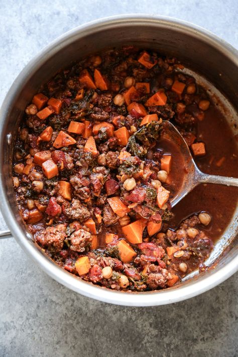 Ground Lamb Chili Recipe, Lamb Chili Recipe, Australian Lamb Recipes, Lamb Sweet Potato, Sweet Potatoes And Kale, Lamb Chili, Postpartum Food, Paleo Veggies, Potatoes And Kale