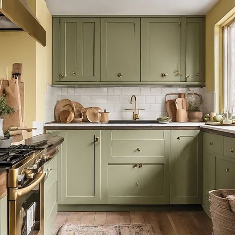 A sage green kitchen is a great way to add character to your home whilst keeping it timeless and classic. It really can elevate your home when paired with a rustic English countryside style kitchen. Sage green adds a subtle pop of colour which can be complimented with brass or antiqued bronze hardware and handles for cabinets or create a more inviting and cosy feel with wood accents for your countertops and open shelves and exposed beams. AI assisted design - I generated this as part of m... Green Small Kitchen, Green And Yellow Kitchen, Kitchen Sage Green, Green Kitchen Cupboards, Sage Green Kitchen Ideas, English Countryside Style, Green Kitchen Ideas, Ikea Instructions, Handles For Cabinets