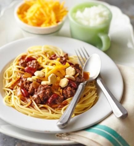 Cincinnati-Style Chili. More chili recipes: http://www.midwestliving.com/food/soups/chili-recipes/page/5/0 Modern Proper Chili, Chili Relenos Soup, Cooking Classy Chili, Midwestern Recipes, Cincinnati Chili The Kitchen, Kevin’s Famous Chili, Cincinnati Style Chili, Cincinnati Chili Recipe, Cincinnati Chili