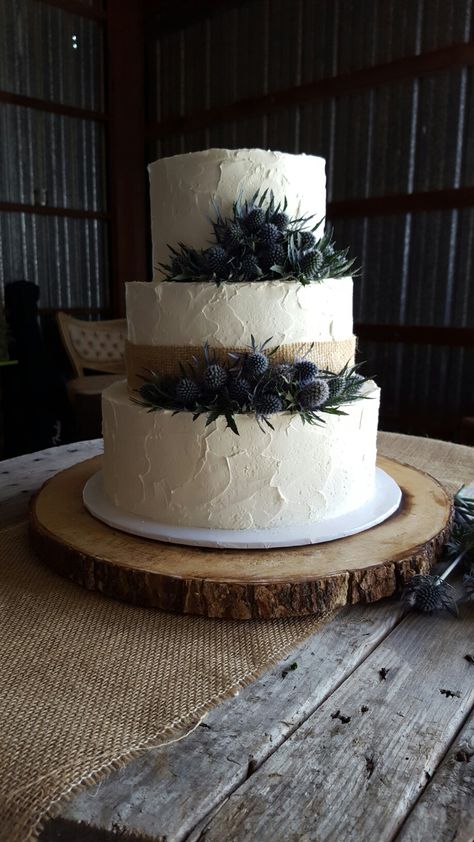 Rustic  buttercream and blue thistle wedding cake by Steve Konopelski, Pâtissier www.stevekonopelski.com. White And Navy Wedding Cake, Scottish Themed Wedding, Wedding Cake Navy Blue, Wedding Cake Dark Blue, Thistle Wedding Cake, Blue Thistle Wedding, Thistle Wedding Flowers, Navy Wedding Cake, Wedding Cake Dark