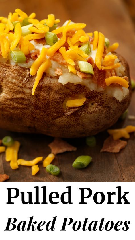 Pulled Pork Stuffed Baked Potatoes, Pork Baked Potatoes, Pulled Pork Baked Potato, Pulled Pork Leftover Recipes, Baked Potato Recipe, Baked Potato Bar, Great Dinner Recipes, Stuffed Baked Potatoes, Pulled Pork Leftovers