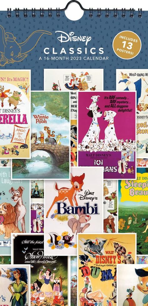 Revisit your childhood with these classic Disney movie posters! From Cinderella to 101 Dalmatians, all your favorite Disney classics are featured in this 2023 Disney Calendar. These spiral bound wall calendars are small in size, making them perfect for hanging in areas with limited space, such as school lockers, small office cubicles, RV campers, or dorm rooms, with the included hanger. Disney Calendar, Disney Funko Pop, Poster Calendar, Small Calendar, Office Cubicles, Disney Movie Posters, Disney Apparel, Classic Posters, Classic Disney Movies