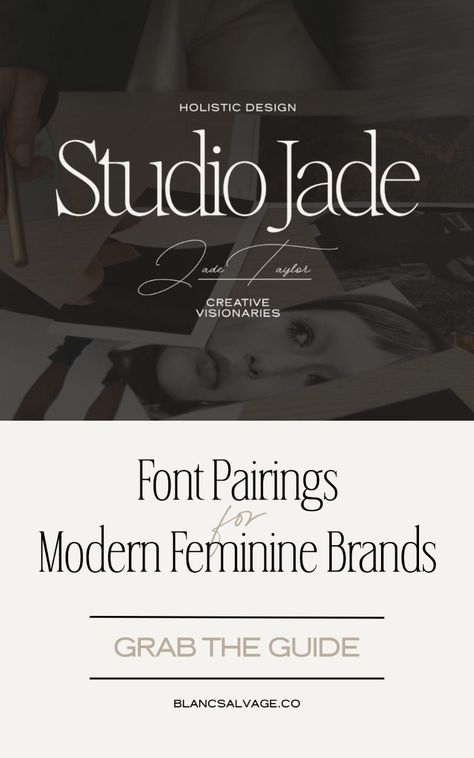 Selecting the right fonts can transform your brands image In my Font Pairing Guide discover a curated collection of free and paid fonts matched with Blanc Salvge fonts Learn valuable tips for pairing fonts to create stunning modern logos This guide includes  essential resources to elevate your feminine brand Download my guide now and perfect your typography skills  modern font pairings  brand font. #FreeLogoDesign #LuxuryLogo #LogoDesignInspiration #LogoDesignIdeas #LogoDesignTips Editorial Font Combinations, Brand Fonts Combinations, Gold Branding Design, Elegant Logo Design Luxury, Logo Ideas Fashion, Modern Font Pairings, Canva Font Combos, Premium Typography, Old Typewriter Font