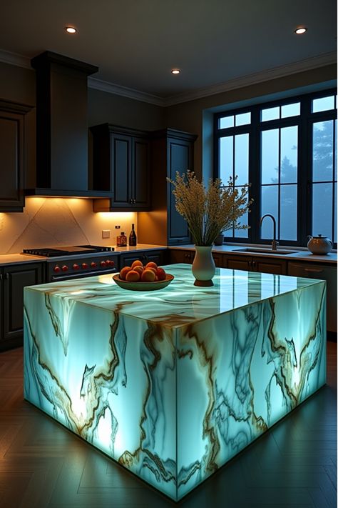 Illuminated onyx stone kitchen island countertop Backlit Onyx Countertop, Light Up Marble Countertops, Illuminated Countertop, Unconventional Kitchen, Onyx Countertop, Kitchen Makeover Projects, Onyx Countertops, Kitchen Renovation Ideas, Luxury Living Room Inspiration