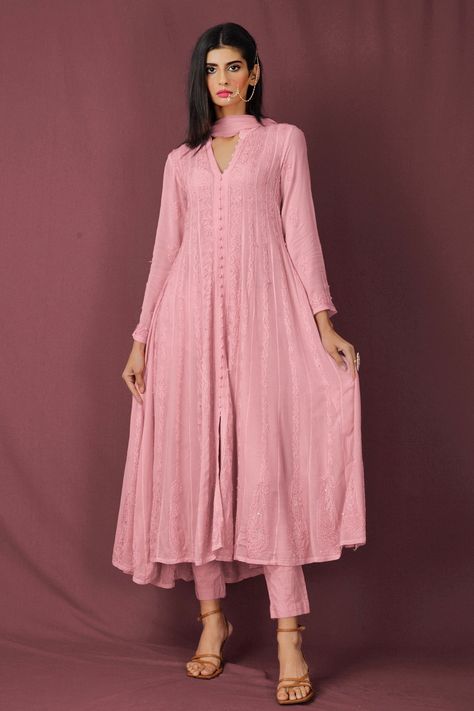 Shop for Label Aishwaryrika Pink Georgette Chikankari Anarkali Set for Women Online at Aza Fashions Pink Anarkali Suits, Velvet Dresses Outfit, Flared Anarkali, Chikankari Anarkali, Saree Tassels Designs, Pink Anarkali, Chikankari Kurta, Indian Designer Suits, Traditional Indian Dress