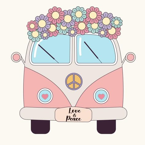 Hippie vintage bus with flowers. Groovy retro hippie travel van. Peace, travel, adventure, hippie culture concept. Vector illustration Diy Volkswagen Bus Cardboard Photo Prop, Vw Bus Art, Groovy Bus, Wagon Halloween Costumes, Groovy Illustration, Groovy Clipart, Combi Hippie, Van Illustration, Peace Sign Art Hippie