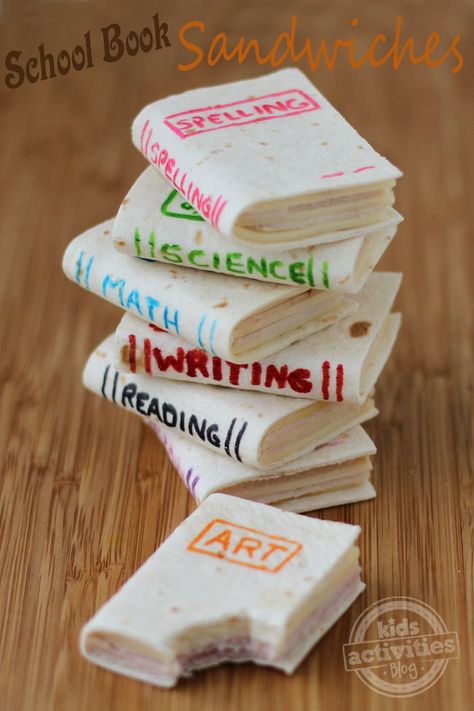 School Book Sandwiches.  These are so cute and clever! Great snack to bring to your child's class or pack in their lunchbox! Add some Lunchbox Love for Kids by www.sayplease.com and you've got the perfect lunch! Book Sandwiches, Decorações Com Comidas, Cold Lunches, Fun Lunch, Cute Snacks, School Snacks, Fun Kids Food, Lunch Snacks, Kids Snacks