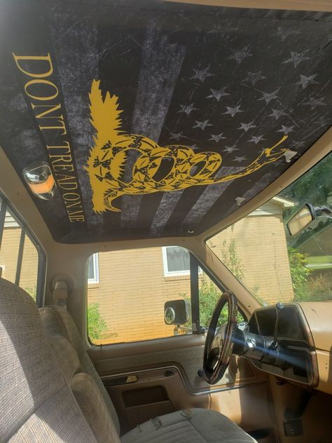 Custom Headliner Truck, Custom Car Headliner, Custom Headliner Ideas, Flag Headliner, Truck Headliner Ideas, Car Headliner Ideas, Western Truck Interior, Truck Headliner, Headliner Ideas