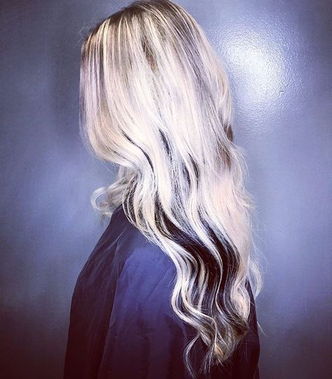 Blonde balayage with black peekaboo #blonde #black #balayage #popofcolor Blonde With Black Extensions, Black Peekaboo Hair Blonde, Blonde Hair Black Peekaboo, Blonde Black Balayage, Blonde With Black Peekaboo, Platinum Blonde Hair With Black Streaks, Peekaboo Blonde Hair, Platinum Blonde And Black Hair, Platinum Blonde With Dark Underneath