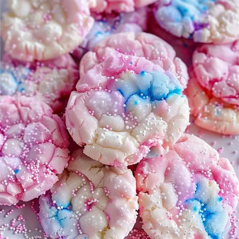 Cotton Candy Cookies Recipe Cotton Candy Marshmallow, Sour Patch Cookies, Cotton Candy Recipes Desserts, Colorful Food Recipes, Cotton Candy Sugar Cookies, Cotton Candy Cookies Recipes, Bubblegum Cookies, Pink Cookies Recipe, Cookie Monster Cookies Recipe