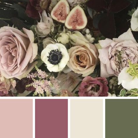 Mauve Color Scheme Wedding, Dusty Colors Palette, Dusty Floral Color Palette, Rose Color Palette Colour Schemes, Aubergine Wedding Palette, Olive Green And Mauve Bedroom, Dusty Pink Wedding Palette, Mauve Palette Colour Schemes, Olive Green And Mauve Wedding