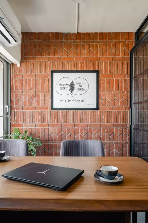 Sustainable Office Interior, Brick Office Design, Office Chamber Interior, Indian Office Interior, Brick Office Interior, Office Brick Wall, Rustic Office Interior, Brick Walls Interior, Home Office Background Wall