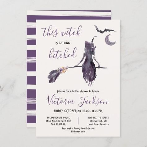 Witch is getting Hitched Halloween Bridal Shower Halloween Invitations - halloween party, elegant, bridal shower, halloween, floral, bats, watercolor, this witch is getting hitched, witch, engagement Halloween Bridal Showers, Love Is Brewing, Getting Hitched, Adult Halloween Party, Halloween Time, Party Bachelorette, Purple And Orange, Halloween Party Invitations, Bridal Stores