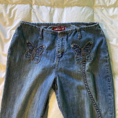 Thrifted Jeans, Butterfly Jeans, Butterfly Motif, Jeans Wide, 2000s Fashion Outfits, Cute Butterfly, Cute Jeans, Vintage Butterfly, 2000s Fashion