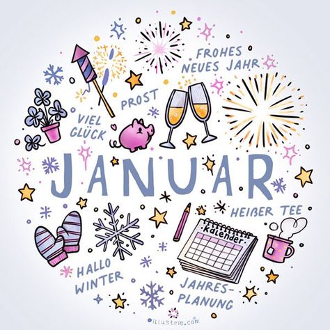 Illustrated mood picture for a January calendar cover by using a collection of lots of little details in sketchnote style for bullet journals January Illustration Calendar, January Calendar Doodles, January Drawing Ideas, Calendar Doodles Ideas, January Drawings, January Calendar Ideas, January Doodles, January Illustration, Doodle Calendar