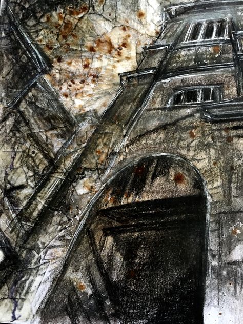 Derelict spaces - The Locarno Building Swindon.  Mixed media drawing by L Waddell Aged Buildings Art, Decaying Buildings Art, L Waddell, Art Gcse Buildings, Derelict Buildings Art, Abandoned Building Art, Urban Decay Art, Spaces And Places Art Gcse, Decay Building