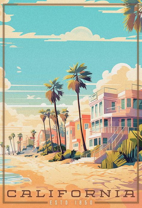 Beach scene with housed to the right and the beach to the left, blue sky with a few clouds, the title California is positioned at the bottom. California Travel Poster, Beach Landscape Illustration, Vintage California Art, Vintage Beach Art, California Posters, California Painting, Retro Beach Poster, California Graphic, La Vibes Aesthetic