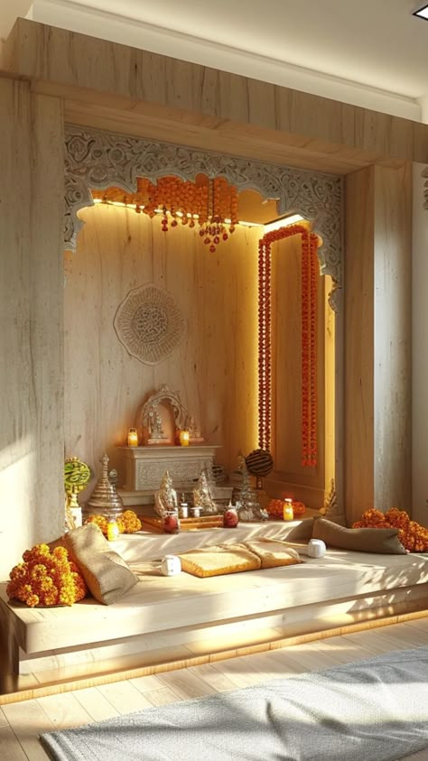 Aesthetic Mandir Designs, Mandir Design Big Puja Room, Hindu Shrine Home, Indian Home Mandir Design, Aesthetic Indian House Interiors, Indoor Temple Design, Temple Home Puja Room, Aesthetic Mandir For Home, Unique Temple Designs For Home