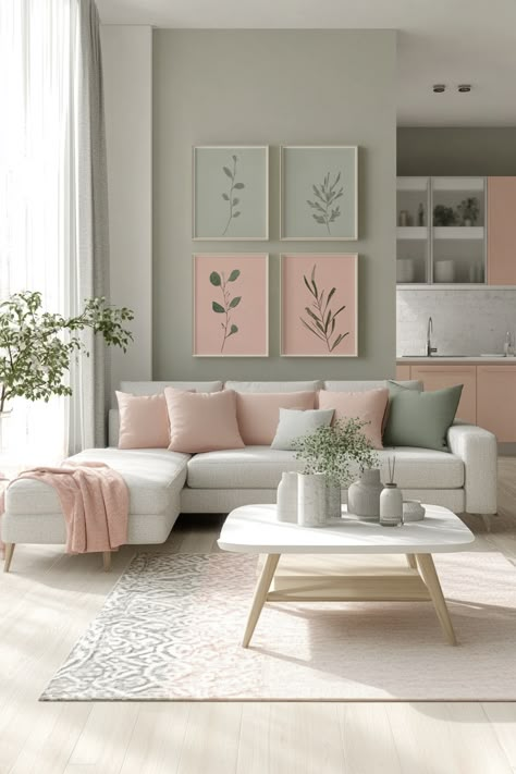 Discover the elegance of modern living room decor with soft hues and natural elements. This space blends pastel tones with contemporary furniture, creating a fresh and inviting atmosphere. Perfect for a serene and stylish home. #LivingRoomDecor #HomeStyle #ModernLiving Neutral Pastel Living Room, Pink And Cream Living Room Ideas, Drawing Room Color Ideas, Lilac Living Room Ideas, Pink And Gray Living Room, Living Room Pastel Colors, Lilac Living Room, Mauve Living Room, Living Room Pastel