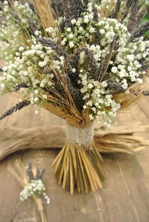 Rustic bridal bouquet with wheat, lavender and baby's breath. Designed by Forget-Me-Not Flowers. Wheat Centerpieces, Wheat Wedding, Wheat Flower, Rustic Wedding Bouquet, Banff Alberta, Rustic Bouquet, Babies Breath, Rustic Wedding Flowers, Fall Wedding Flowers