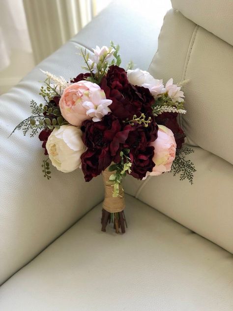 Wine Wedding Bouquet, Burgundy And Blush Bouquet, Bouquet Color Palette, Blush Peony Bouquet, Bridal Bouquet Burgundy, Cream Wedding Bouquet, Burgundy Peony, Cream Peonies, Bouquet Greenery