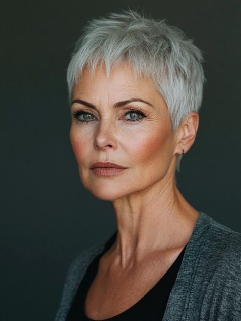 Chic Short Haircuts for Women Over 60: Embrace Style and Confidence Pixie Haircut For Gray Hair, Short Grey Pixie Over 50, Very Short Grey Hair, Super Short Hair For Women, Pixie Hairstyles For Older Women, Age With Grace, Short Cropped Hair, Classic Pixie, Short Spiky Haircuts