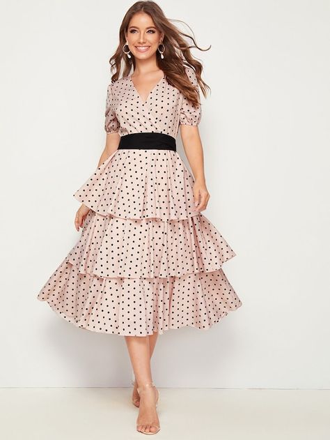 Frock Fashion, Polka Dot Maxi Dresses, Ruffle Trim Dress, Frock Design, Polka Dress, Ruffle Hem Dress, Tweed Dress, Ruffled Maxi Dress, Dress Zipper