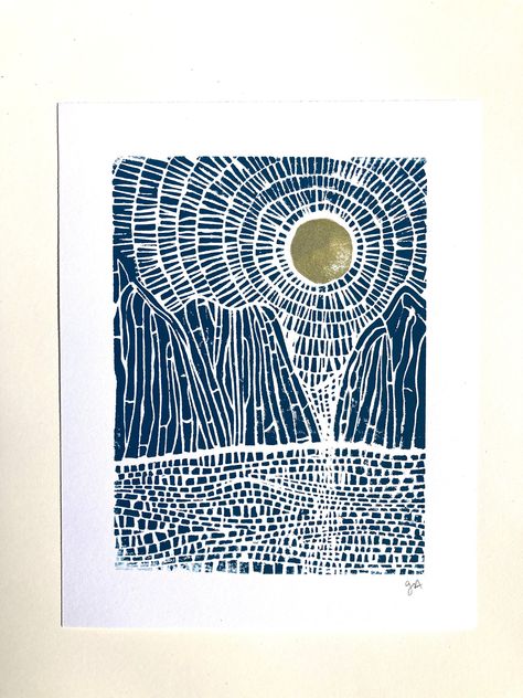 Sunset on the Mountains relief print - 8x10 - Dark navy blue mountains with metallic shimmery gold sun This original relief print of the sun on the mountains was hand pressed in dark blue on beautiful cotton letterpress paper.  The linoleum block is carved by hand, inked, then each piece is printed individually. Due to the printing process (which is done entirely by hand), there will be variations from print to print. All materials are archival.   *Paper measures 8x10 in (20.3x25.4cm) *Image mea Water Block Print, Mountain Block Print, Navy Blue Artwork, Print Making Designs, Printmaking Projects, Letterpress Paper, Woodcut Art, Linoleum Block Printing, Lino Art