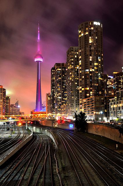 CN tower, Toronto Canada Black And White City, City At Night, White City, City Photography, Train Tracks, Canada Travel, Toronto Canada, City Skyline, Places Around The World