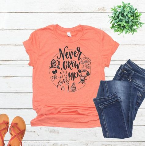 Never Grow Up Shirt. Peter Pan Shirt. Disney Shirt. DisneyWorld Shirt. Matching Family Shirts. Cute Cute Disney Shirts, Peter Pan Shirt, Disney Shirts For Men, Diy Disney Shirts, Womens Disney Shirts, Disney World Shirts, Positive Shirt, Family Shirts Matching, Instagram Style