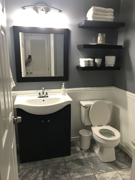 Black White Gray Small Bathroom, Black And Gray Restroom Ideas, Black And Grey Small Bathroom, Black And Gray Small Bathroom Ideas, Small Restroom Sink Ideas, Black White And Grey Bathroom Ideas Small Spaces, White Grey And Black Bathroom, Gray Restroom Ideas, Grey Restroom Ideas