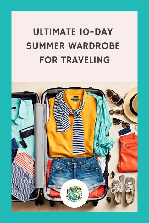 Open suitcase displaying a neatly organized summer wardrobe, including shirts, shorts, and accessories, implying preparation for travel. What Clothes To Pack For Vacation, 54321 Packing Summer, 10 Day Packing List Summer, 7 Day Vacation Packing List, 4 Day Packing List Summer, 10 Day Packing List, 10 Day Travel Wardrobe, 10 Day Travel Wardrobe Summer, Travel Wardrobe Summer