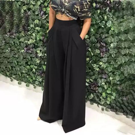 Casual Wide Leg Pants, European Women, Flowy Pants, Summer Black, Elastic Waist Pants, Aaliyah, Belleza Natural, Outfit Casual, Dress Size Chart