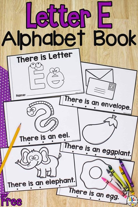 It’s so exciting to learn all about the letter E! Your pre-readers and beginning readers will be engaged and entertained as they look for the letter E and words that begin with E in this Letter E Book! Not only will your pre-readers practice learning the ABC's but they will also work on concepts of print, sight words, and more! Click on the picture to get this free printable letter book and look for the other alphabet books for every letter! #letterbook #alphabetbook #preschool #learningtheabc's Letter E Books For Preschool, Letter Booklets Free Printable, E Words Preschool, E Art For Preschool, Letter E Free Printables, Letter A Books For Preschool, Letter E Crafts For Kindergarten, Preschool Letter E Crafts, Letter Books Preschool Free Printable