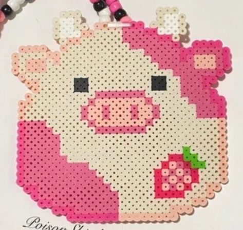 Medium Perler Bead Patterns, Piggy Bank Perler Beads, Squish Mallow Perler Beads, Squishmallow Melty Beads, Strawberry Cow Perler Bead, Perler Bead Cow Pattern, Girly Perler Bead Patterns, Perler Animals, Pig Perler Beads