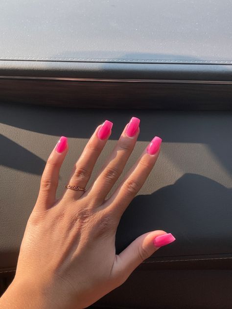 Neon Pink Square Acrylic Nails, Hot Pink Acrylic Nails Coffin Short, Short Squoval Acrylic Nails Pink, Bright Pink Prom Nails, Square Hot Pink Nails, Pink Colored Nails, Hot Pink Square Acrylic Nails, Nail Inspo Hot Pink, Hot Pink Square Nails