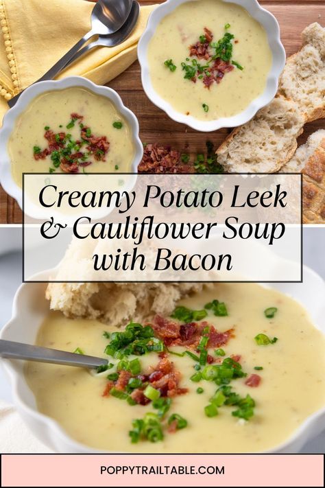 This Creamy Potato Leek Cauliflower Soup is the perfect blend of creamy comfort using just a few simple ingredients. With its smooth texture and rich flavors of potato, bacon, and cheese, it’s a guaranteed family favorite—even for picky eaters who will never know there is cauliflower in it as long as you don't tell them! Pair it with crusty bread and a fresh salad for a complete, satisfying meal everyone will love. Cauliflower Soup With Bacon, Leek Cauliflower, Leek And Cauliflower Soup, Soup With Bacon, Potato Bacon, Bacon Cauliflower, Potato Leek, Bacon And Cheese, Potato Vegetable