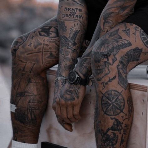 Calf Tattoo Men Ideas Inspiration, Shin Sleeve Tattoo Men, Thigh Sleeve Tattoo Men, Mens Legs Sleeve Tattoo, Patchy Leg Tattoo Sleeve, Men Tattoo Leg Ideas, Old School Tattoos Men, Thigh Sleeve Men, Men Shin Tattoo Ideas