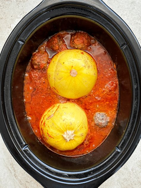 Slow cooker spaghetti squash & meatballs is healthy alternative to a classic dish. This easy recipe is low-carb, paleo & whole30 compliant! Spaghetti Squash In Slow Cooker, Slow Cooker Spaghetti Squash And Meatballs, Fall Crockpot Meatballs, Crockpot Spaghetti Squash And Meatballs, Spaghetti Squash Crock Pot Slow Cooker, Spaghetti Squash And Meatballs Recipes, Fall Low Carb Crockpot Meals, Spaghetti Squash Recipes Slow Cooker, Healthy Fall Crockpot Meals