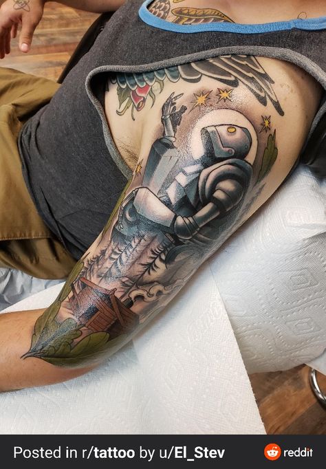 Woodwork Tattoo, Iron Giant Tattoo, Giant Tattoo, Traditonal Tattoo, Tattoo Cover Ups, Cover Up Tattoos For Women, Iron Giant, Movie Tattoos, The Iron Giant