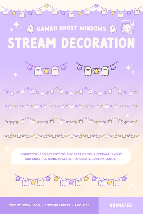 Halloween Twitch kawaii ghost string lights, animated stream decoration fully optimized for Twitch, Youtube, or any streaming service that is compatible with OBS. The set includes 2 outline color options (black & purple) with each color containing 3 string lights each. Halloween String Lights, Halloween Fairy, Fairy Aesthetic, String Lights, Light Art, Fairy Lights, Ghost, Anime Art, Digital Drawing