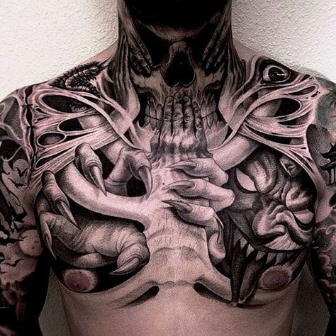 255+ Best Chest Tattoos You Can Opt For: #110 Will Blow Your Mind - Wild Tattoo Art Guide Tattoo, Biomech Tattoo, Tato 3d, Courage Tattoos, Full Chest Tattoos, Powerful Symbols, Throat Tattoo, Evil Tattoos, Devil Tattoo