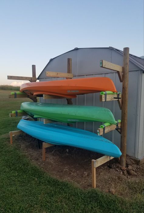 Kayak Holder Diy, Diy Kayak Storage Rack, Kayak Rack Diy, Diy Kayak Storage, Kayak Holder, Canoe Storage, Canoe Rack, Dock Ideas, Surfboard Storage