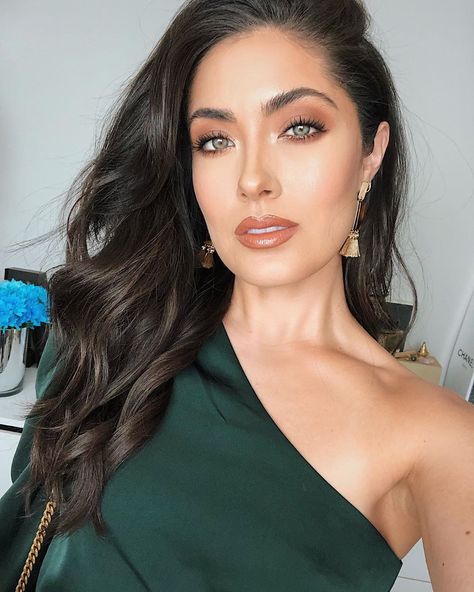 Barristers Ball, Green Dress Makeup, Melissa Alatorre, Esmeralda Dress, Prom Makeup For Brown Eyes, Competition Makeup, Brown Hair Green Eyes, Emerald Green Prom Dress, Wedding Guest Makeup