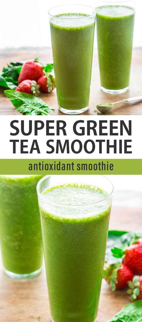 This Super Green Tea Smoothie gets its color from spinach and matcha green tea powder. It’s loaded with protein, vitamins and antioxidants! Stomach Fat Diet, Antioxidant Smoothie, Green Tea Smoothie, Banana Drinks, Breakfast Low Carb, Green Tea Benefits, Fat Burning Smoothies, Healthy Teas, Green Smoothies