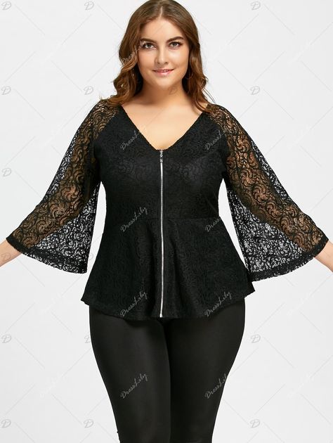 Lace Plus Size Zip Up V-neck Blouse - Blouse Dress Outfit, Kimono Blouse, Plus Size Fashion Tips, Baby Dress Patterns, Blouse Models, Lace Outfit, Work Outfits Women, V Neck Blouse, Latin America