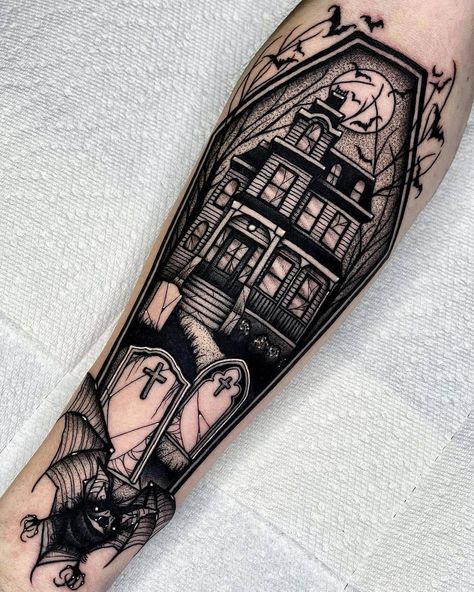 Dark Spooky Tattoos, Haunted House Tattoo, Fall Tattoos, Coffin Tattoo, Halloween Tattoos Sleeve, Pumpkin Tattoo, Autumn Tattoo, Inner Forearm Tattoo, Sweet Tattoos