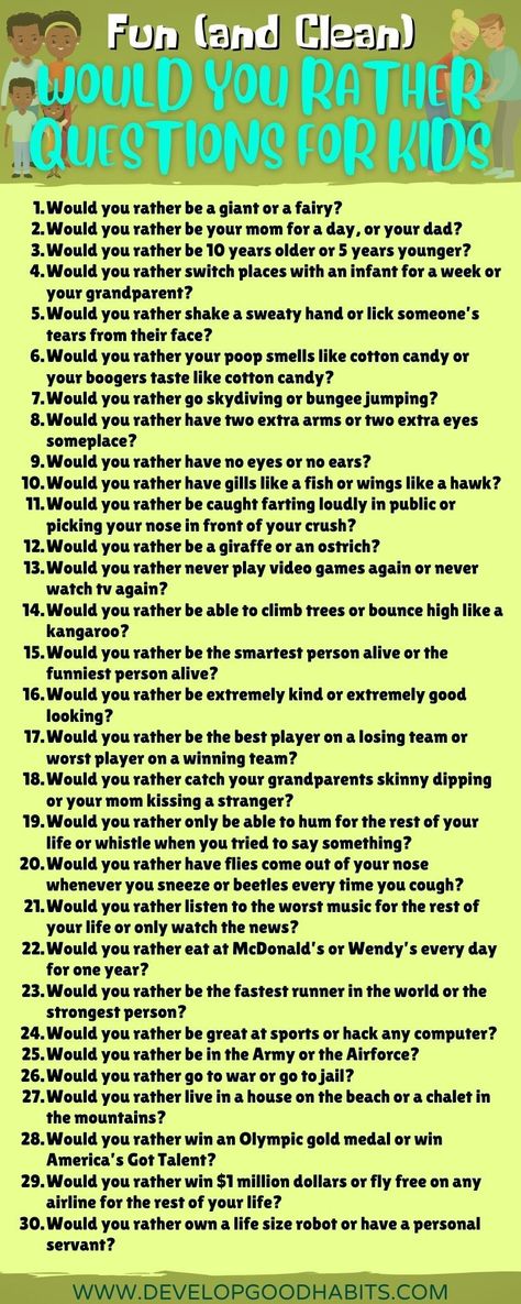 Looking for a fun way to engage your kids in conversation and get them thinking?   Check out this list of 125 clean and entertaining 'Would You Rather' questions!   Perfect for car rides, family dinners, or just hanging out with your kids.   Don't miss out on these conversation starters with your children!   Conversation starters | For Kids  | Family Fun | This or that questions for kids | Would you rather questions for kids | Get your kids talking | Conversation questions for kids Would You Rather Questions For Kids, Fun Activities To Do With Kids, This Or That Questions, This Or That, Car Ride Games, Fun Questions For Kids, Family Conversation Starters, Hang Out Ideas, Conversation Starters For Kids