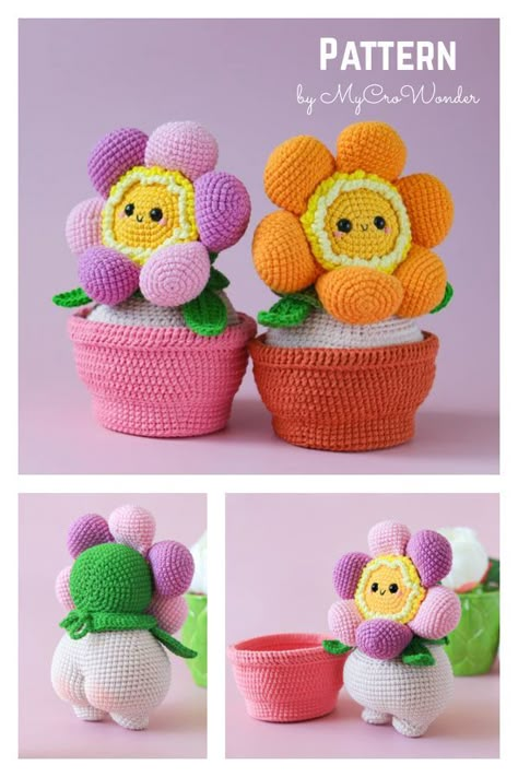 Amigurumi Flower in a Pot Crochet Pattern Flower In Pot Crochet, Crochet Flower With Pot, Flower Pot Crochet Pattern Free, Crochet Flower Pots Free Pattern, Crochet Flower Plush, Amigurumi Flower Pot, Crochet Flower In Pot, Spring Craft Fair Ideas, Flower Pot Crochet